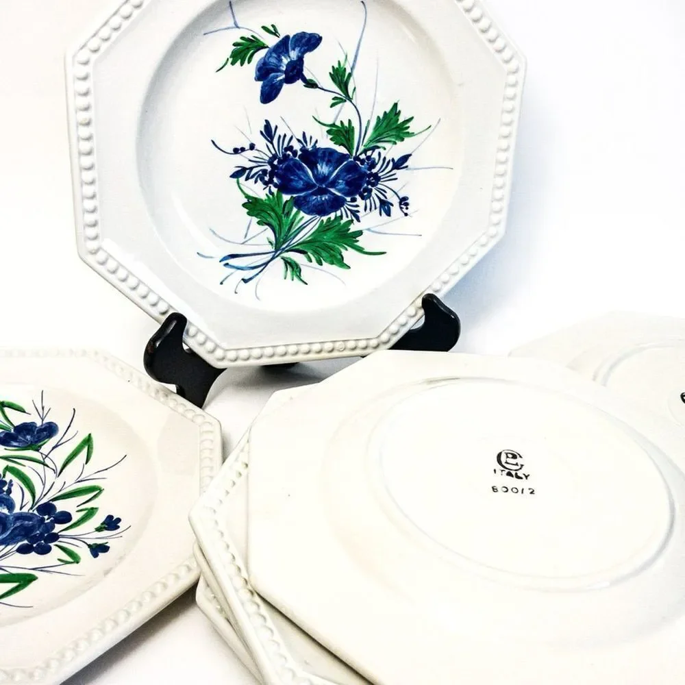 VTG Gialletti Pimpinelli Earthenware Plates Blue Floral Italy Set of 8